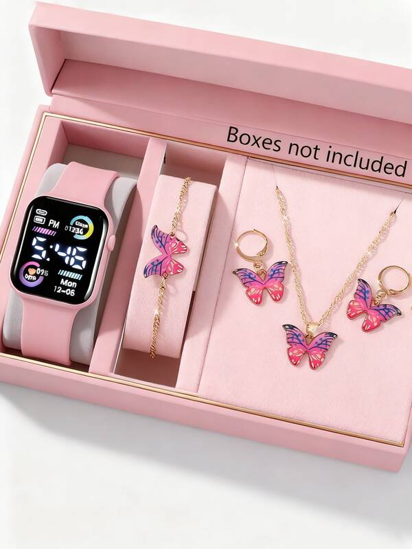 5/1 Set Girls Elegant Classic LED Digital Display Square Electronic Watch With Butterfly Jewelry Bracelet, Necklace And Earrings Set. Suitable For Students And Daily Wear, Great Gift For Teenage Girls, Christmas, Birthday, Graduation, Mother's Day