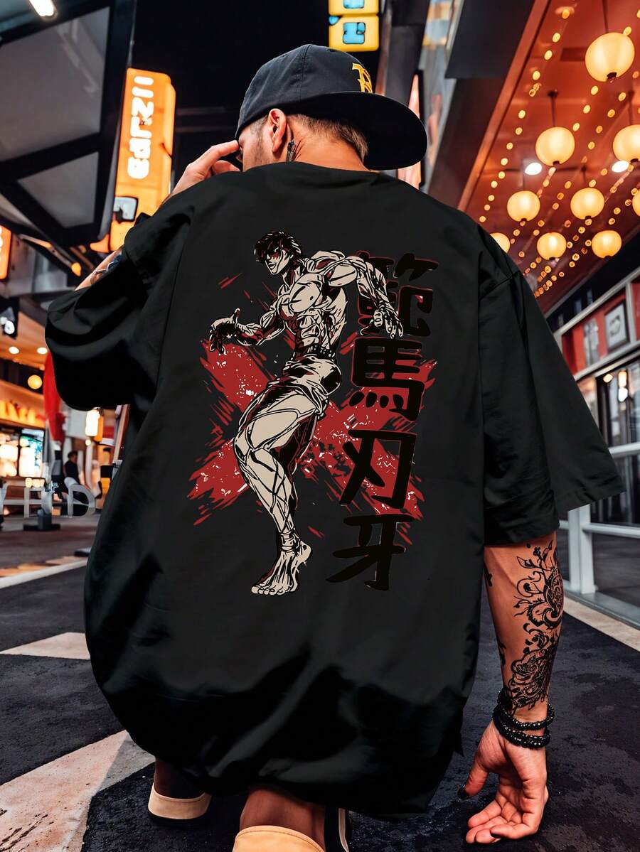 Japanese Anime T-Shirt Baki Hanmi Manga Geek Movie Shirt Blouse Unisex Men's Women's 100% Cotton Top Premium Streetwear New Release Immediate Shipping Various Colors!! Plus Size - màu đen - Xem 1