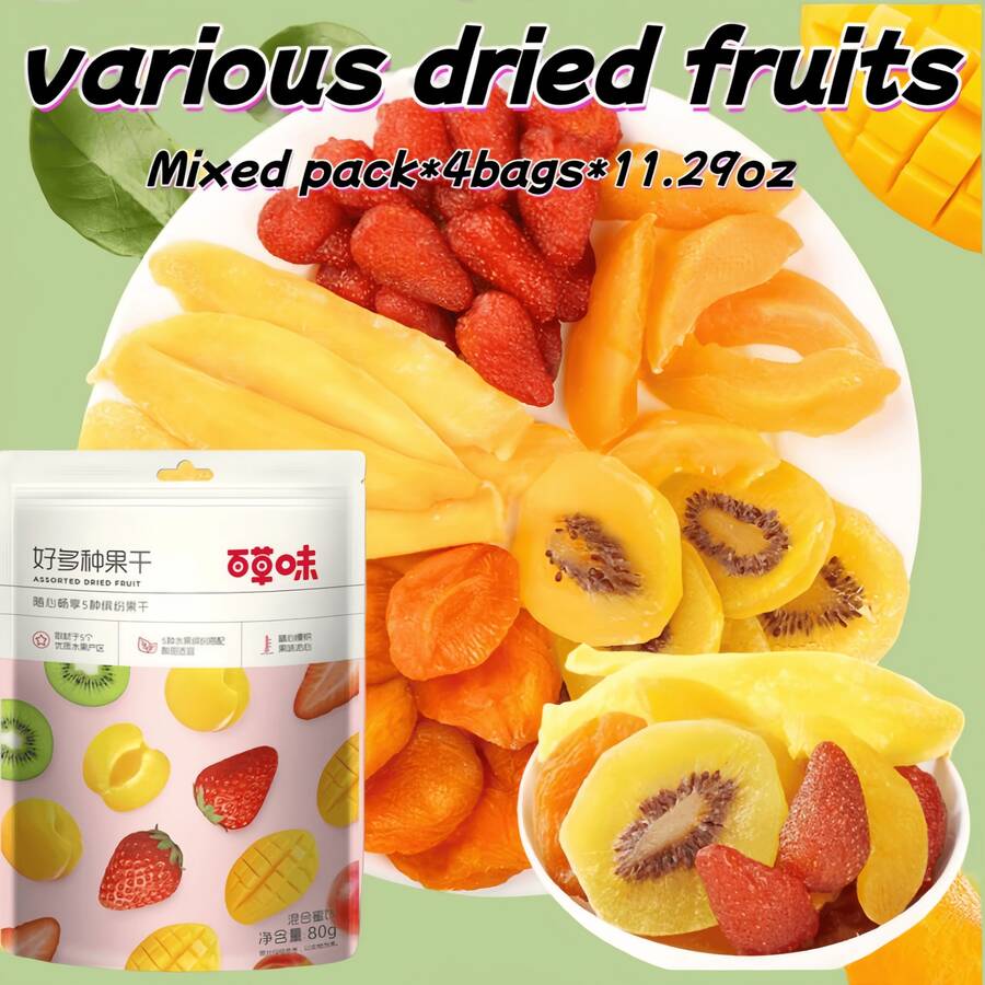 BE&CHEERY 4 Bags Of Various Dried Fruits Weighing 11.29 Ounces, Made Up Of A Combination Of Dried Strawberries, Dried Peaches, Dried Mangoes, Dried Kiwis, And Dried Apricots. The Fruit Set Is Sweet And Sour, Rich In Fruit Flavors, And Can Taste Five Flavors In One Bag. The Ingredient List Is Clean, And The Packaging Is Easy To Carry And Share. It Is Suitable For Office Afternoon Tea, Valentine's Day Gifts, Drama Snacks, After-School Snacks, Picnic Party Snacks, And Is Also A Must-Have Snack For Christmas Eve, Christmas, And Halloween. - 320g - Xem 1