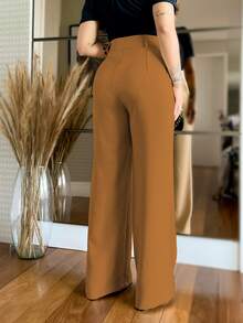 MODA MO, REF: 4714 | Women's Wide-Leg Trousers, High Waist, Functional Side Pockets, Romantic Fabric With Lycra Cotton Polyester Elastane, Stylish Bell Bottom, Monsca Zipper, Hip-Lifting Design, Super Comfortable Fit, Elegant And Versatile Dress Piece For Everyday Wear. - 棕色 - 查看 2