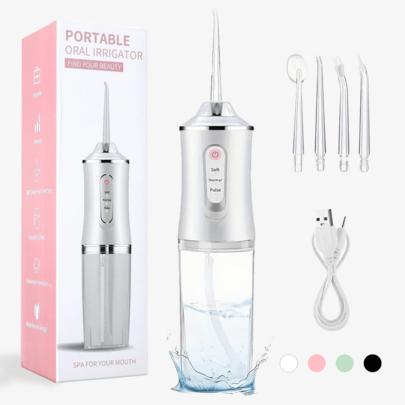 EOLOVA Conjunto de irrigador oral eléctrico, limpiador dental inalámbrico con 4 boquillas, punta giratoria 360°, unisex, cuidado diario de dientes y encías, gran regalo