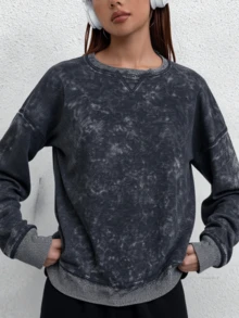 Sudadera oversized deslavado moda dama mujer cómoda versátil moda juvenil look relajado - Gris Oscuro - Ver 3