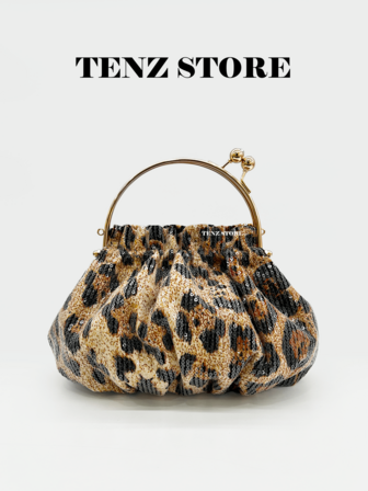 Kadınlar için Sevimli Retro Vahşi Stil Leopar Desenli Pullu Gece Çantası, Metal Çerçeveli Göz Alıcı Pullu Üst Saplı El Çantası, Kokteyl, Düğün, Balo, Kulüp, Randevu Görünümleri ve Tatil Etkinlikleri İçin Şık Parti El Çantası - Vahşi Şık Leopar Desenli Vintage Çanta ProMax Telefon ve Temel Eşyalarınıza Uyar