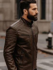 Autumn/Winter Slim Fit Leather Jacket - 咖啡棕 - 查看 3