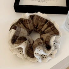 2pcs Korean Style Plaid Lace Scrunchies, Oversized Slouchy Bun Hair Ties, Fashion Hair Accessories For Women ,Scrunchy Hair Ties Ponytail Holder Holiday Accessories,Festival,Party - Multicolor - View 3