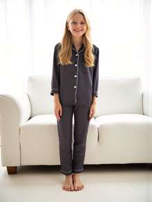 Tween Girl 2 件套黑色长袖上衣和长裤睡衣套装