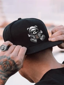 1pc/2pcs Cool Bear Design Printed Y2K Streetwear Baseball Cap & Crossbody Bag Set, Adjustable Unisex Snapback Hat & Shoulder Bag, Gift For Yourself And Friends - Black - View 3