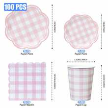 100 pezzi Piatti di carta e tovaglioli a forma di 8 petali rosa chiaro a quadretti, piatti monouso rosa e bianchi a quadretti da 7/9 pollici, piatti a spicchi a quadretti, bicchieri di carta, tovaglioli, adatti per cene di compleanno, picnic, feste BBQ - Multicolore - Visualizzare 2