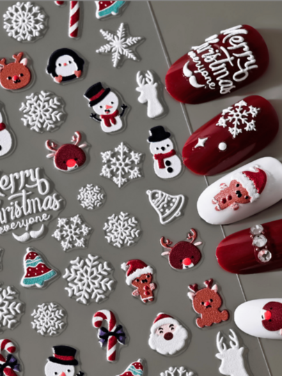 2 pièces/set Autocollants d'ongles de Noël 5D en relief Ongles d'hiver Décorations 3D Motifs de Père Noël, bonhomme de neige, flocon de neige Autocollants adhésifs Accessoires pour manucure DIY Décalcomanies pour le Nouvel An