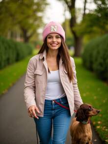 1 pieza Gorro de punto elástico con bordado personalizado de letra A-Z, unisex, gorra de punto de moda streetwear y hip hop, adecuada para uso diario en otoño/invierno - Rosa - Ver 6