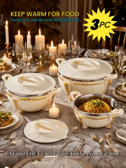 3L 7L 10L 3pcs Gold Stainless Steel Insulated Bowls Set, Keeps Food Warm For 4-8 Hours, Suitable For Buffet, Hot Pot And Other Occasions, Thermal Tableware Set