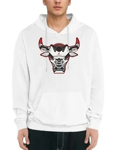 Men's Pullover Fleece Hoodie with Drawstrings, Long Sleeve Casual Wear – Stylish Bull Head Design, Comfortable Sweatshirt for Everyday Outfits, Perfect for Sports Fans and Fashion Lovers