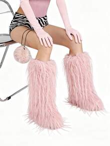 Cardigan,Women Winter Tall Boots, Warm Fashion Knee High Snow Boots, Brown Long Furry Boots, Women Shoes Style With Sweater - 粉色 - 查看 3