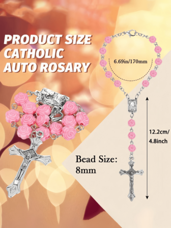 1 pieza Adorno de cruz con cuentas de rosa rosa, elegante decoración colgante para espejo retrovisor, accesorio interior de automóvil. Pulsera