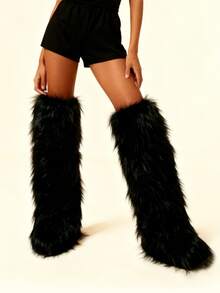 Over-The-Knee Fur Furry Fluffy Long Boots For Women Y2K Shoes Flat Boots Comfy Pull On Fur Boots Women For Party Shoes - màu đen - Xem 5