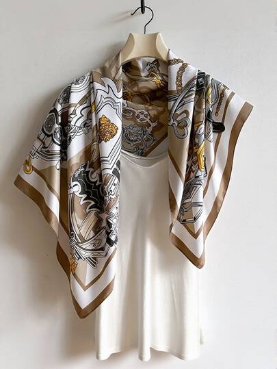 1条女士新款90厘米大方巾，复洛克风格仿丝提花头巾/披肩，百搭连衣裙