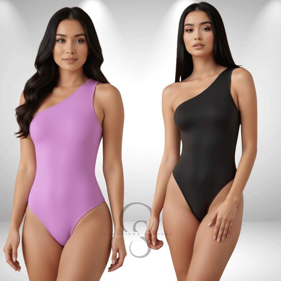 SET OF 2 Women's Bodysuits In Suplex Fabric, One-Shoulder Style, With Lining, Thin Straps, And A One-Shoulder Design. - BLACK aND LILAC - View 1