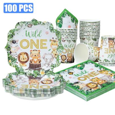 1 Yaşındaki Hayvan Tek Kullanımlık Tabaklar, Peçeteler, Bardaklar - Çiçek Şekilli Tabaklar, Peçeteler ve Bardaklar Parti Malzemeleri, 25 Kişiye Uygun, Tek Kullanımlık Kağıt Tabaklar Parti Sofra Takımı Doğum Günü Partisi, Aile Pikniği İçin Uygun