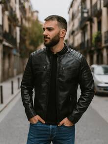 Autumn/Winter Slim Fit Leather Jacket - 黑色 - 查看 2