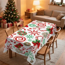 1pc Christmas Elements Print Table Cloth, Rectangular Tablecloth, Festive Dining Decor, Cloth Table For Holiday