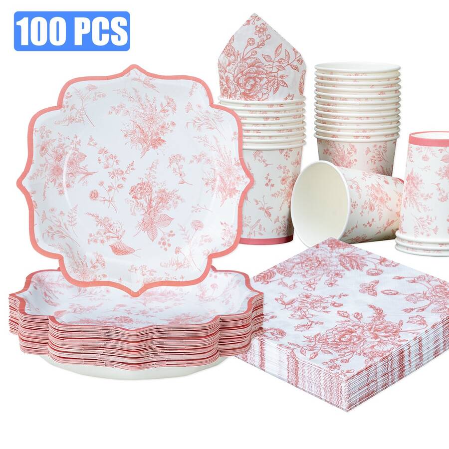 Bộ đồ ăn tiệc hình hoa Chinoiserie màu hồng pastel 100 chiếc, đĩa giấy dùng một lần 7/9 inch, cốc và khăn ăn, đĩa giấy chủ đề Chinoiserie màu hồng, đồ dùng trang trí tiệc sinh nhật - Nhiều màu - Xem 1