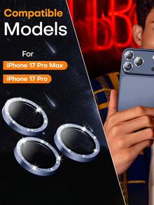 3pcs Apple Camera Lens Protector Film, Fit For IPhone 17 Pro/17 Pro Max/16 Pro Max/16 Pro/15 Pro Max/15 Pro/14 Pro Max/14 Pro, Glossy Design, 9H Tempered Glass, Metal Separate Ring Decor Accessory, Shiny Dark Blue - Navy Blue - View 3