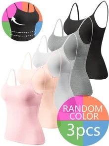 3Pcs Random Color Camisoles For Women With Built In Bra, Simple Elastic Breathable Tank Top, Basic Top Layering Tank Top Padded Bra Undershirt - 3 màu ngẫu nhiên - Xem 1