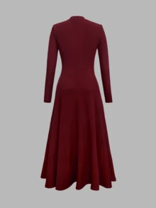 Đầm dài tay dệt kim cổ cao màu đỏ tía thanh lịch dành cho nữ, kiểu dáng tối giản và duyên dáng, thích hợp cho công sở, không cần thắt lưng, mùa xuân. - Màu Đỏ Sâu - Xem 3