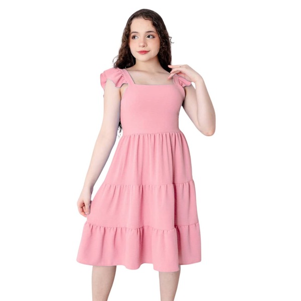 Vestido Infantil e Juvenil Midi Duna com Alça de Babado e Saia em Camadas – Elegante, Confortável e Não Amassa