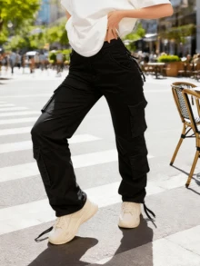 Cargo Pants For Women Casual High Waisted Solid Color Pants Baggy Y2k Straight Wide Leg Pants With Pockets Streetwear Sweatpants - 黑色 - 查看 6