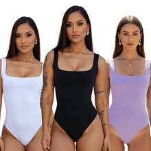 SET OF 3 SQUARE NECKLINE LINING SUPLEX BODYSUITS (TANK STYLE) - 黑白紫色 - 查看 2