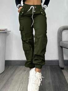 秋季、外出、时尚、棕色、Y2K、工装裤、正装裤、女士工装裤、女士长裤、运动裤、宽松裤、万圣节、女士新款、秋冬工作裤、长裤、长裤、街头风、多口袋、松紧腰、机场、返校季、春季 - 軍綠色 - 查看 6