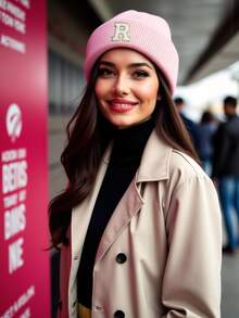 1 pieza Gorro de punto elástico con bordado personalizado de letra A-Z, unisex, gorra de punto de moda streetwear y hip hop, adecuada para uso diario en otoño/invierno - Rosa - Ver 2