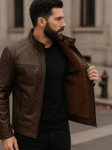 Autumn/Winter Slim Fit Leather Jacket - 咖啡棕 - 查看 2