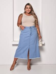 Plus Size Long Skirt With Slit And Pockets - Light Wash - View 6
