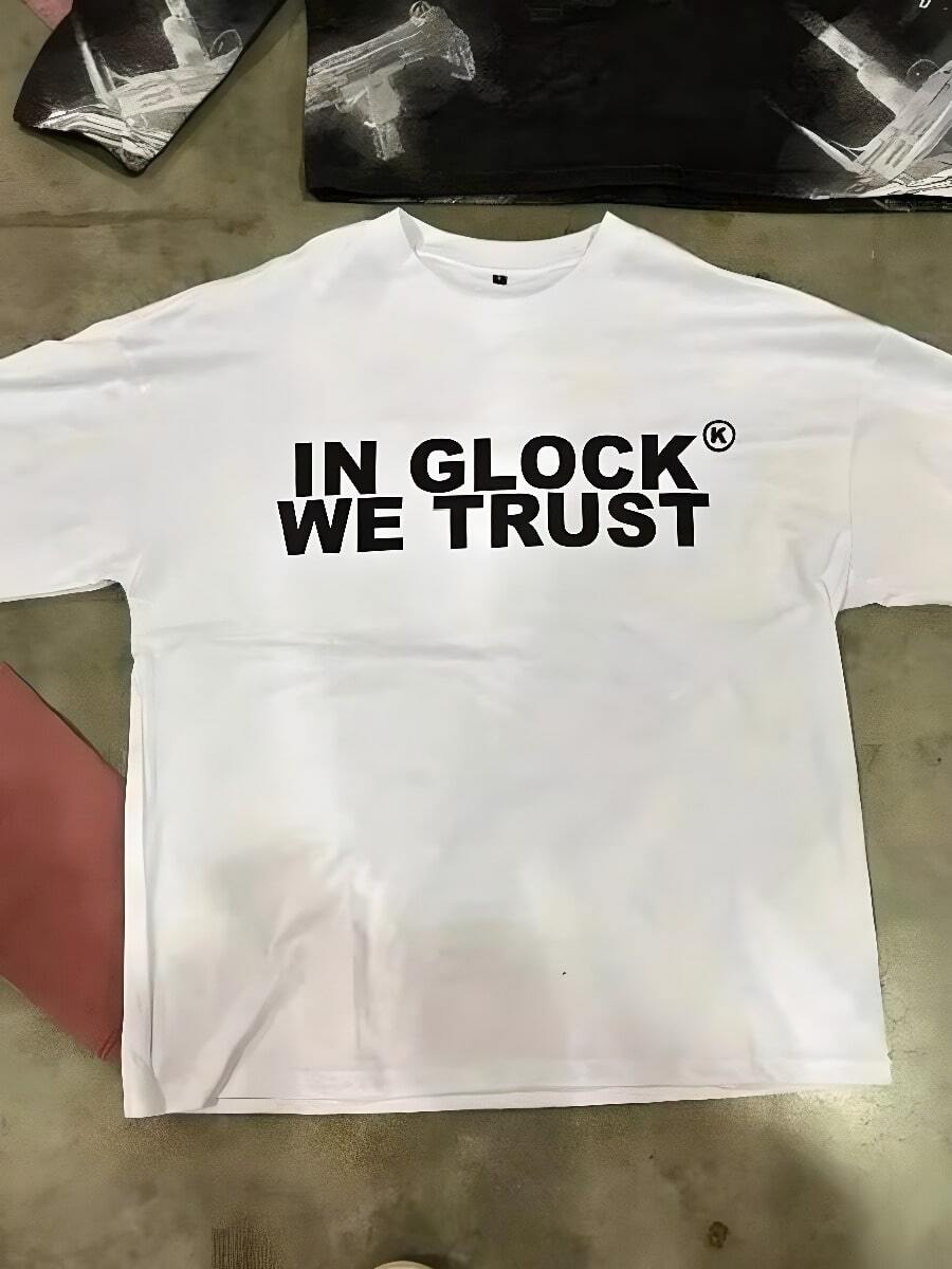 Cool Summer In Glocks We Trust Letter Print T Shirts Men Top Tees Beach Y2K Funny Short Sleeve T Shirt O Neck Harajuku Tshirt New Arrival Size S~5XL - 白色 - 查看 1