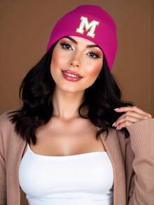 1顶男女通用个性化刺绣A-Z字母弹力针织帽，时尚街头嘻哈针织帽，适合秋冬季日常佩戴 - 玫紅色 - 查看 2