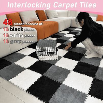 This 48-Piece Creative Interlocking Floor Mat Set Features Square Plush Patchwork Rugs That Are Easy To Clean, Have A Non-Slip EVA Backing, Are Low-Pile And Washable, Protect Floor Tiles, And Are Suitable For Bedrooms, Living Rooms, Game Rooms, Rental Renovations, And Balconies. A Versatile Home Décor Option For All Seasons And A Great Holiday Gift.