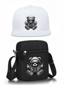 1pc/2pcs Cool Bear Design Printed Y2K Streetwear Baseball Cap & Crossbody Bag Set, Adjustable Unisex Snapback Hat & Shoulder Bag, Gift For Yourself And Friends - Black - View 7
