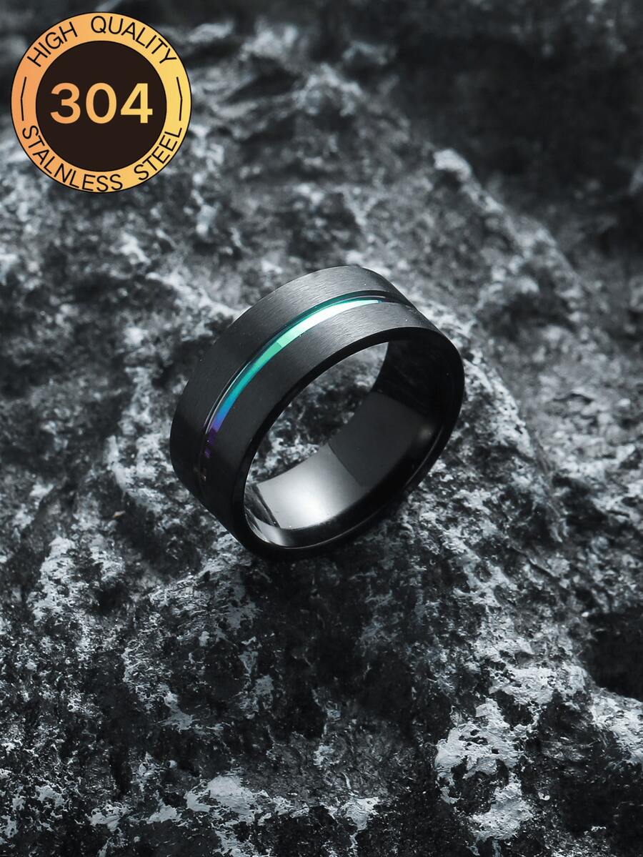 1pc Fashion Black Titanium Steel Rainbow Striped Decorative Ring Suitable For Men's Daily Wear - Multicolor - View 1