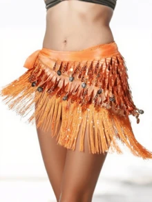 女士肚皮舞流苏臀巾带亮片和硬币装饰臀腰链适合舞蹈表演狂欢节对练舞配饰 - 彩色 - 查看 15