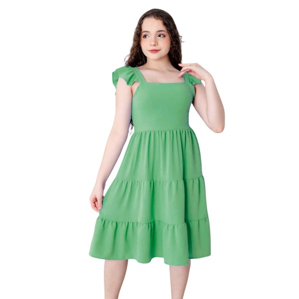 Vestido Infantil e Juvenil Midi Duna com Alça de Babado e Saia em Camadas – Elegante, Confortável e Não Amassa