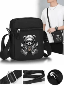 1pc/2pcs Cool Bear Design Printed Y2K Streetwear Baseball Cap & Crossbody Bag Set, Adjustable Unisex Snapback Hat & Shoulder Bag, Gift For Yourself And Friends - Black - View 2