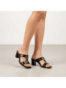 Women's Medium Block Heel Clog With Buckle Detail 8 – Comfortable Modern Sandal - 黑色 - 查看 6