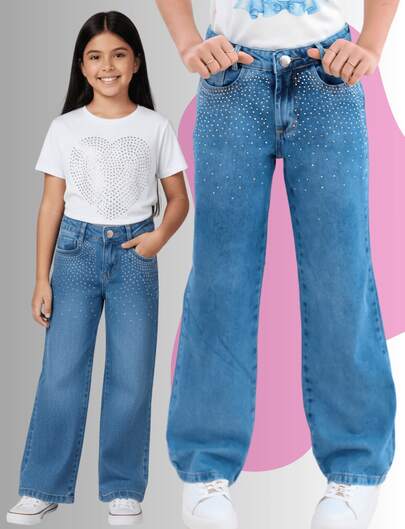 Calça Wide Leg Jeans Infantil e Juvenil com STRASS Brilho Ajuste na Cintura Blogueira