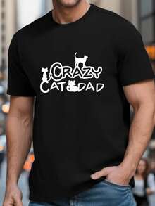Men'S Funny "Crazy Cat Dad" Graphic T-Shirt - Casual Summer Tee With Cat & Paw Print Design, Regular Fit Round Neck Short Sleeve Shirt For Pet Lovers - Black - View 2
