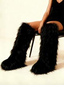 Over-The-Knee Fur Furry Fluffy Long Boots For Women Y2K Shoes Flat Boots Comfy Pull On Fur Boots Women For Party Shoes - màu đen - Xem 6