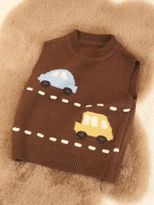 1pc Baby Boy Sweater/Baby Girl Vest Pullover, Car Pattern, Cute For Baby Girls, Suitable For Spring & Autumn - Chocolate Brown - View 3