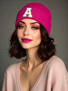 1顶男女通用个性化刺绣A-Z字母弹力针织帽，时尚街头嘻哈针织帽，适合秋冬季日常佩戴 - 玫紅色 - 查看 4