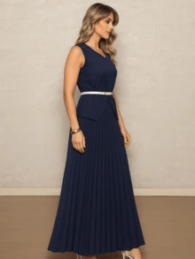 Women's Tailored Suit - Fitted Blouse, Sophisticated Belt, And Long Pleated Skirt - Elegance And Style For Any Occasion - 海軍藍 - 查看 4